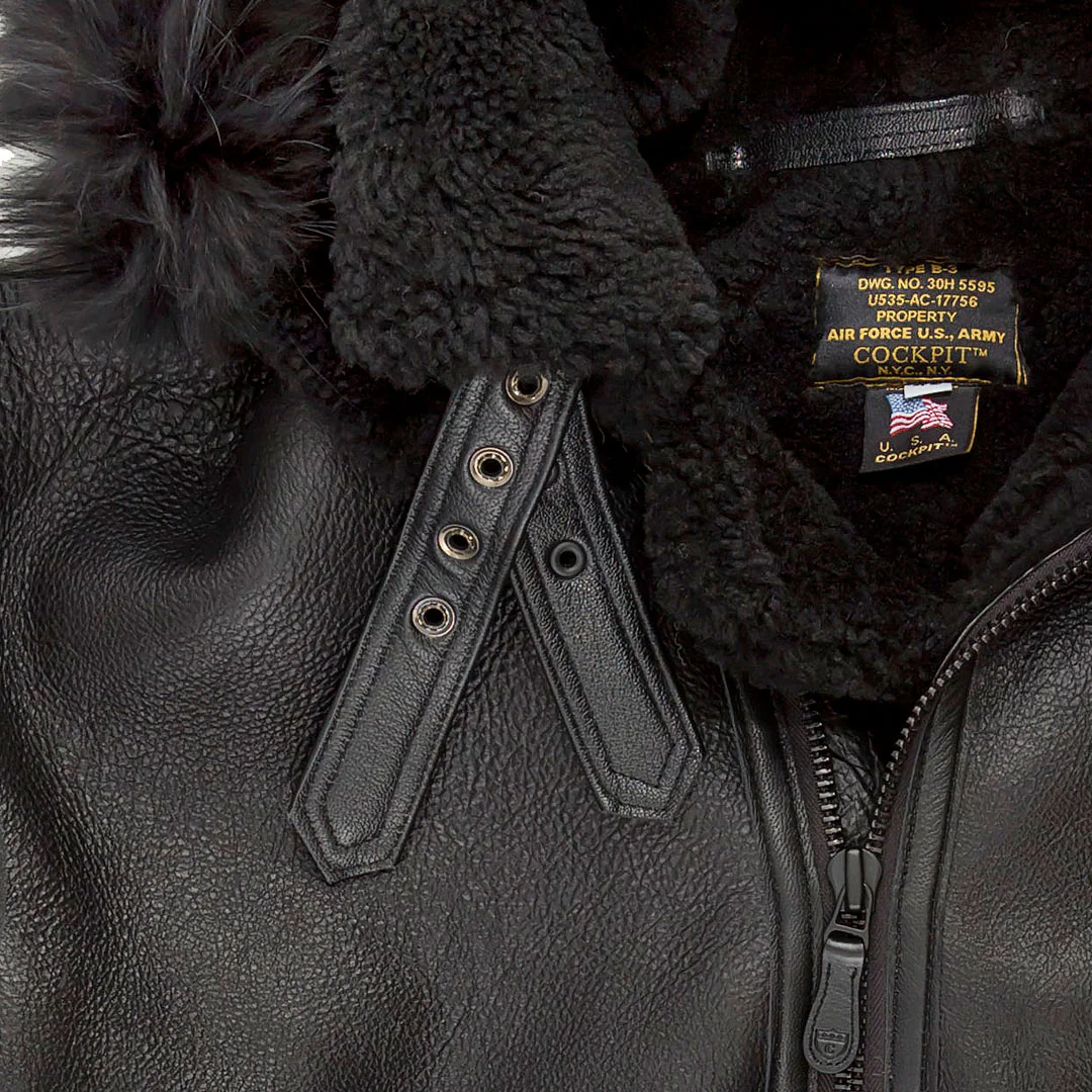 All Black B-3 Hooded Sheepskin Bomber Jacket Z203615B - Image 4