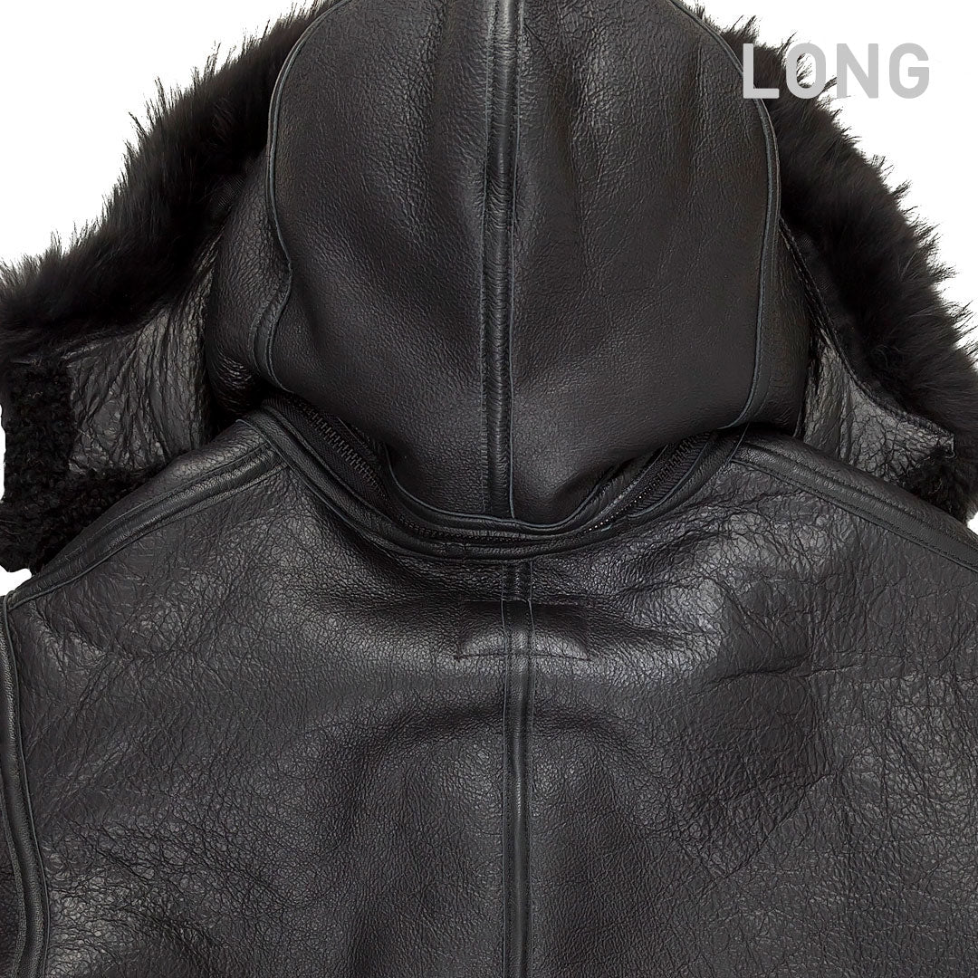 All Black B-3 Hooded Sheepskin Bomber Jacket Long Z203615BL - Image 3