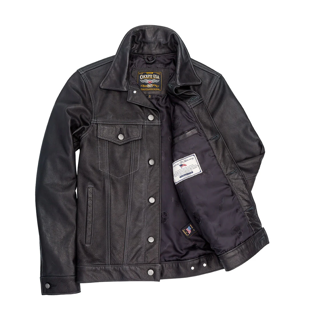 Calfskin Leather Jean Jacket Z21X003 in Black - Image 3